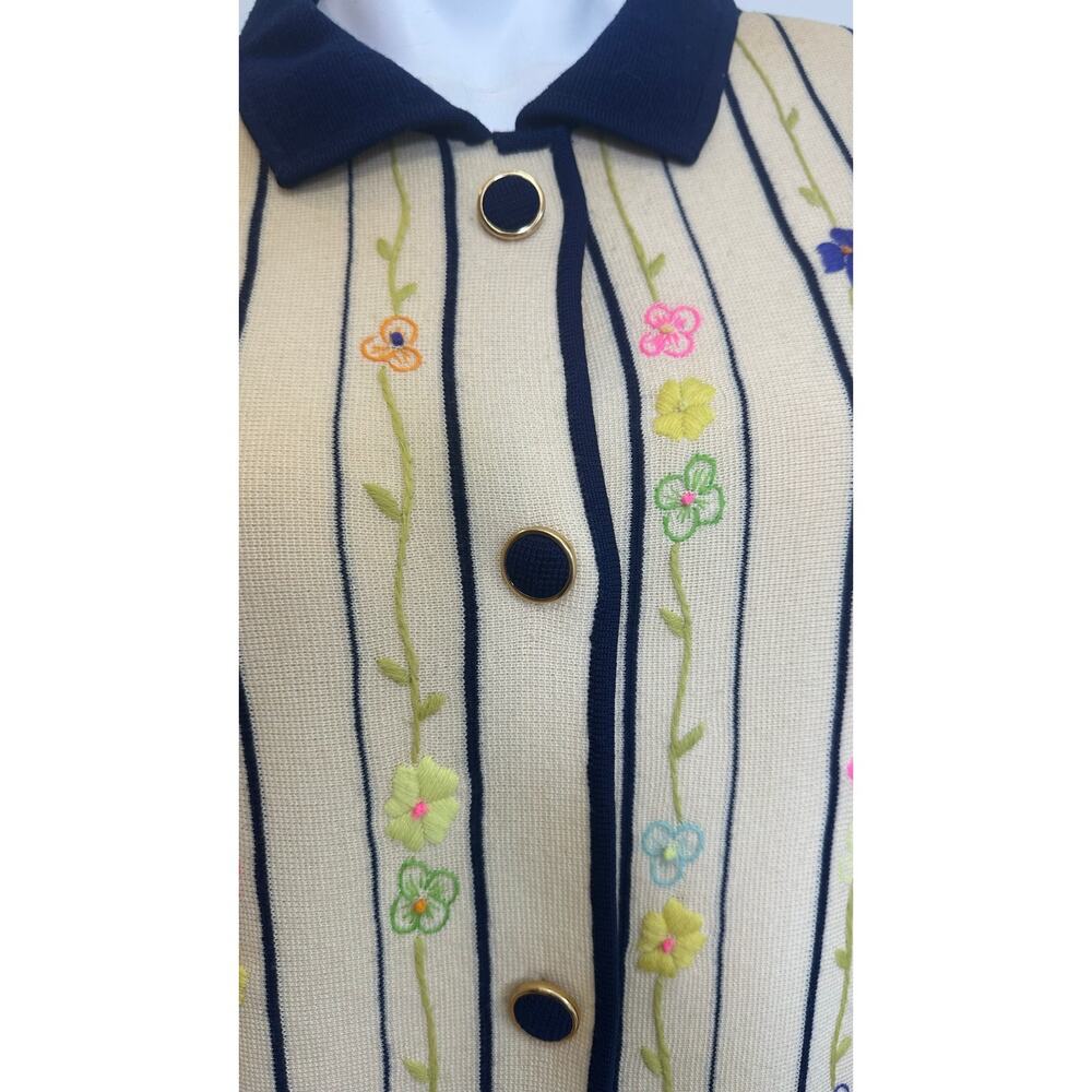 Vintage 60s Puccini Wool Embroidered Floral Stripe Cardigan Mod Preppy Size 8 - Picture 6 of 9